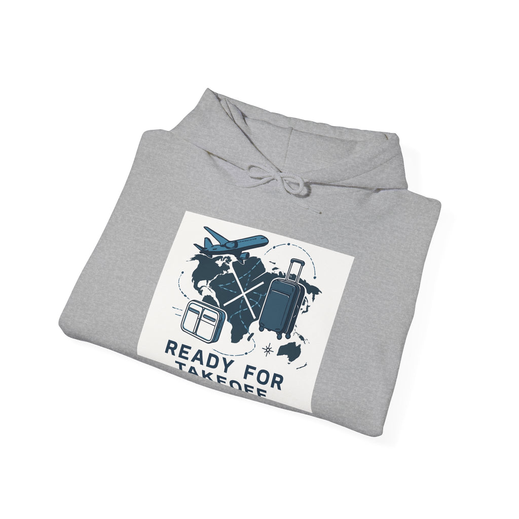 Travel Hoodie — "Ready for Takeoff" Pilot & Luggage Graphic Hooded Sweatshirt