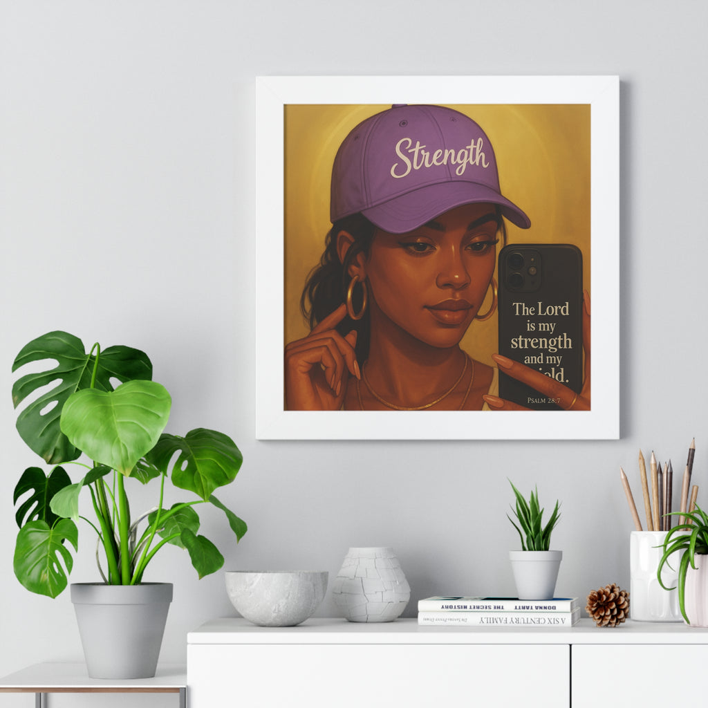 Strength Hat Portrait Framed Poster — Inspirational Scripture Wall Art (Psalm 28)