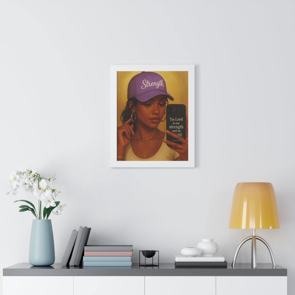 Strength Hat Portrait Framed Poster — Inspirational Scripture Wall Art (Psalm 28)