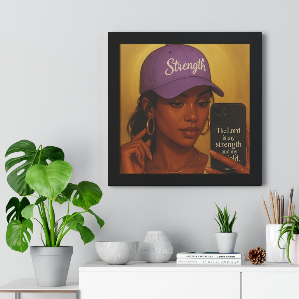 Strength Hat Portrait Framed Poster — Inspirational Scripture Wall Art (Psalm 28)
