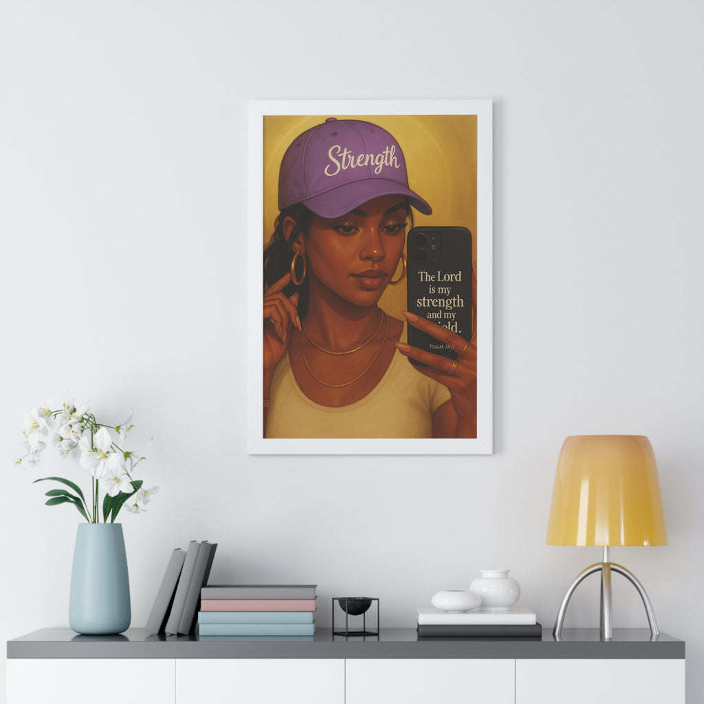 Strength Hat Portrait Framed Poster — Inspirational Scripture Wall Art (Psalm 28)