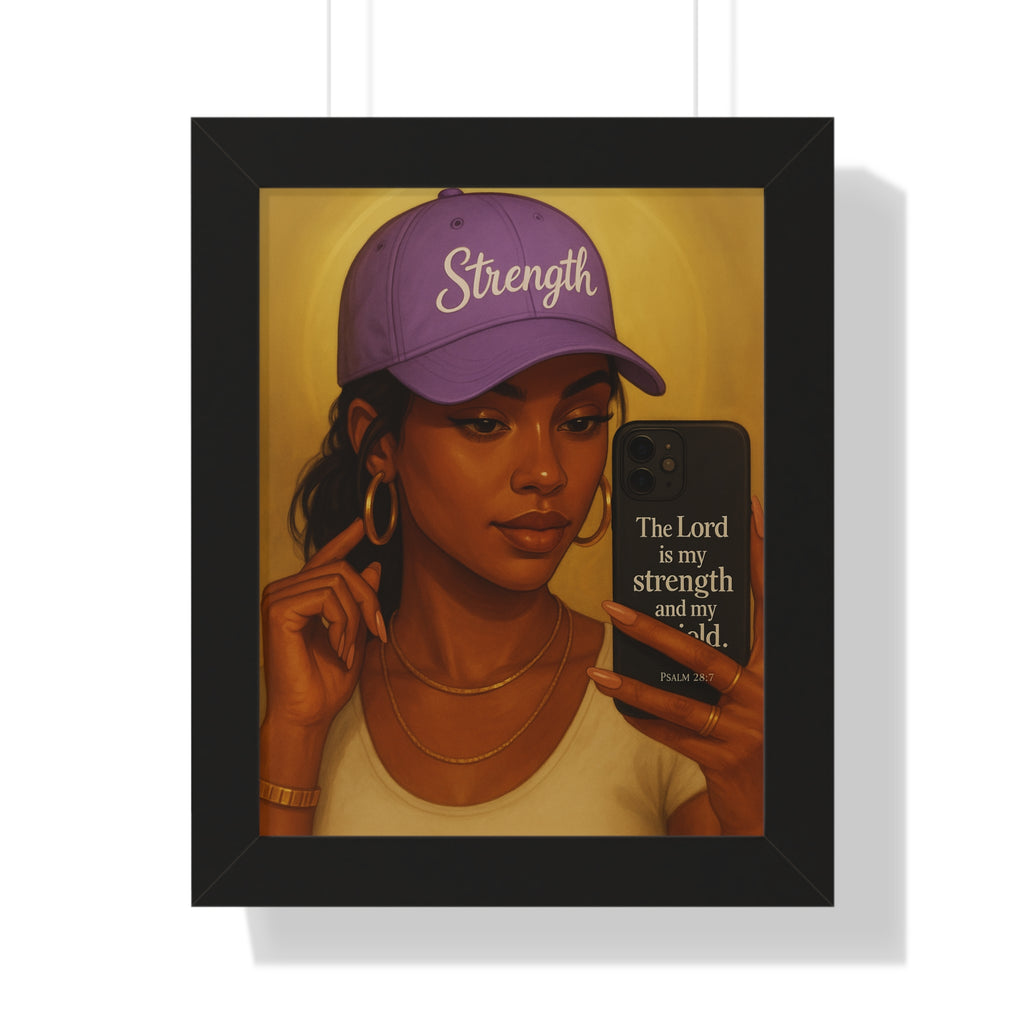 Strength Hat Portrait Framed Poster — Inspirational Scripture Wall Art (Psalm 28)