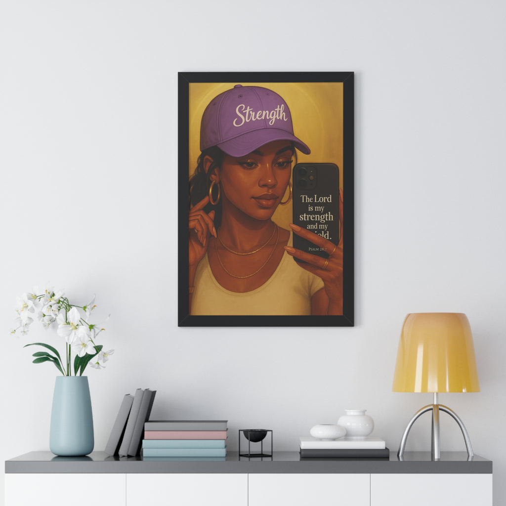 Strength Hat Portrait Framed Poster — Inspirational Scripture Wall Art (Psalm 28)