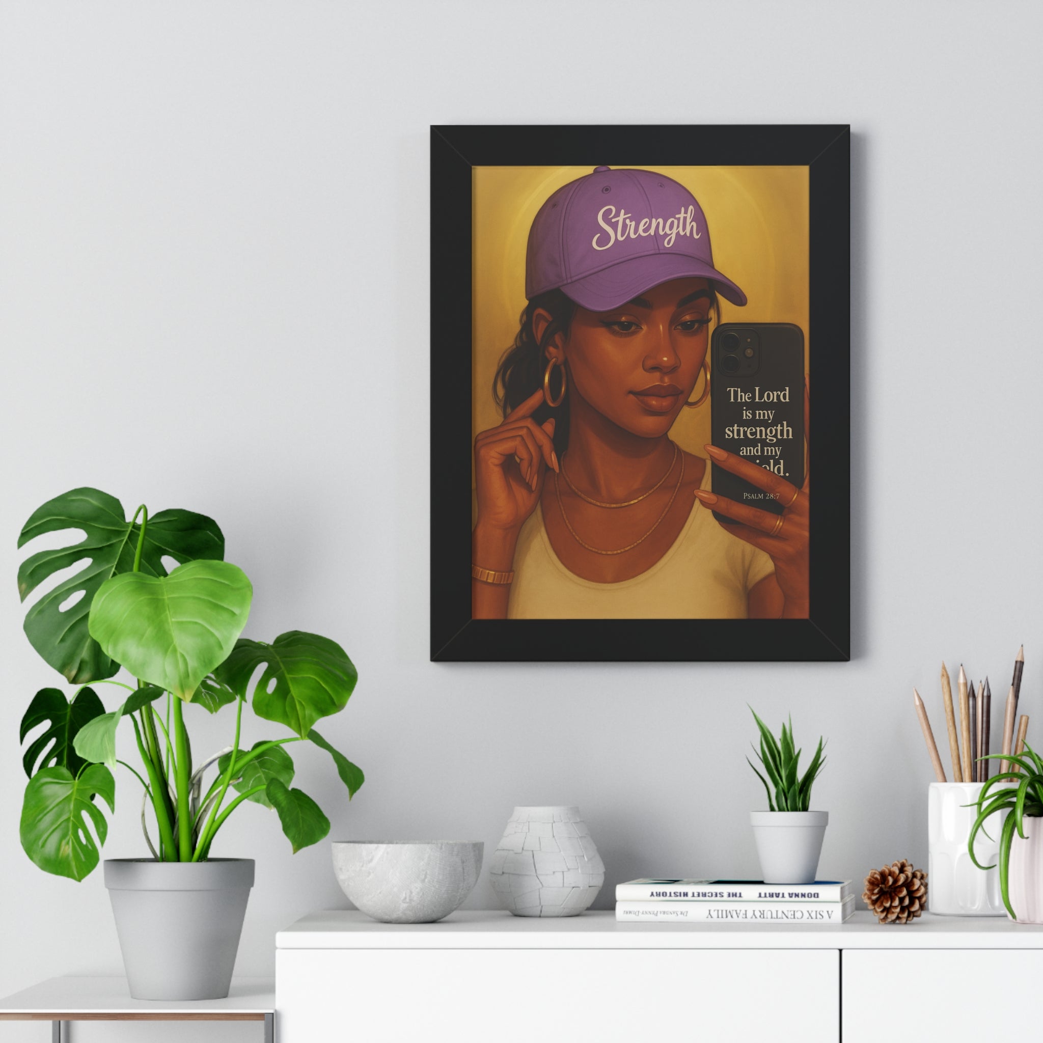 Strength Hat Portrait Framed Poster — Inspirational Scripture Wall Art (Psalm 28)