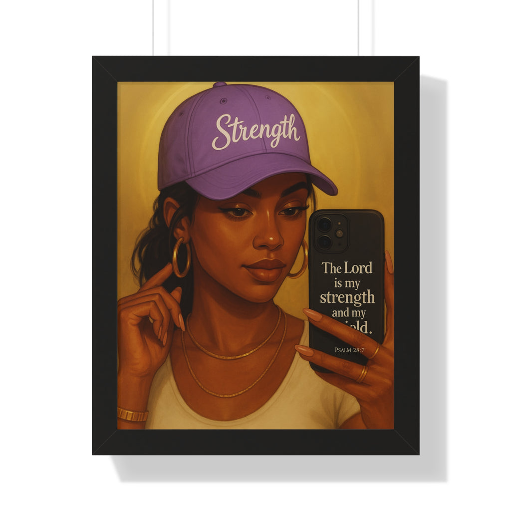 Strength Hat Portrait Framed Poster — Inspirational Scripture Wall Art (Psalm 28)