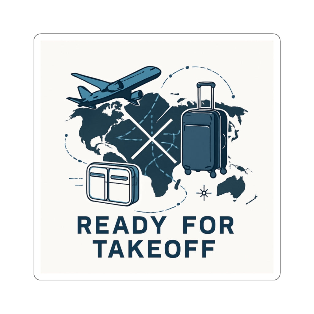 Ready for Takeoff Travel Sticker — Luggage, Plane & World Map Kiss-Cut