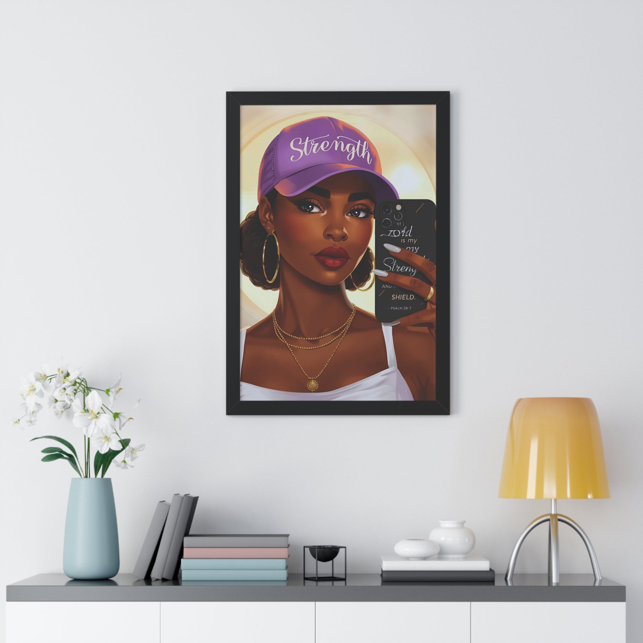 Strength Script Baseball Cap portrait Framed Vertical Poster