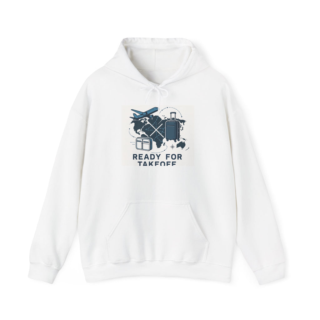 Travel Hoodie — "Ready for Takeoff" Pilot & Luggage Graphic Hooded Sweatshirt