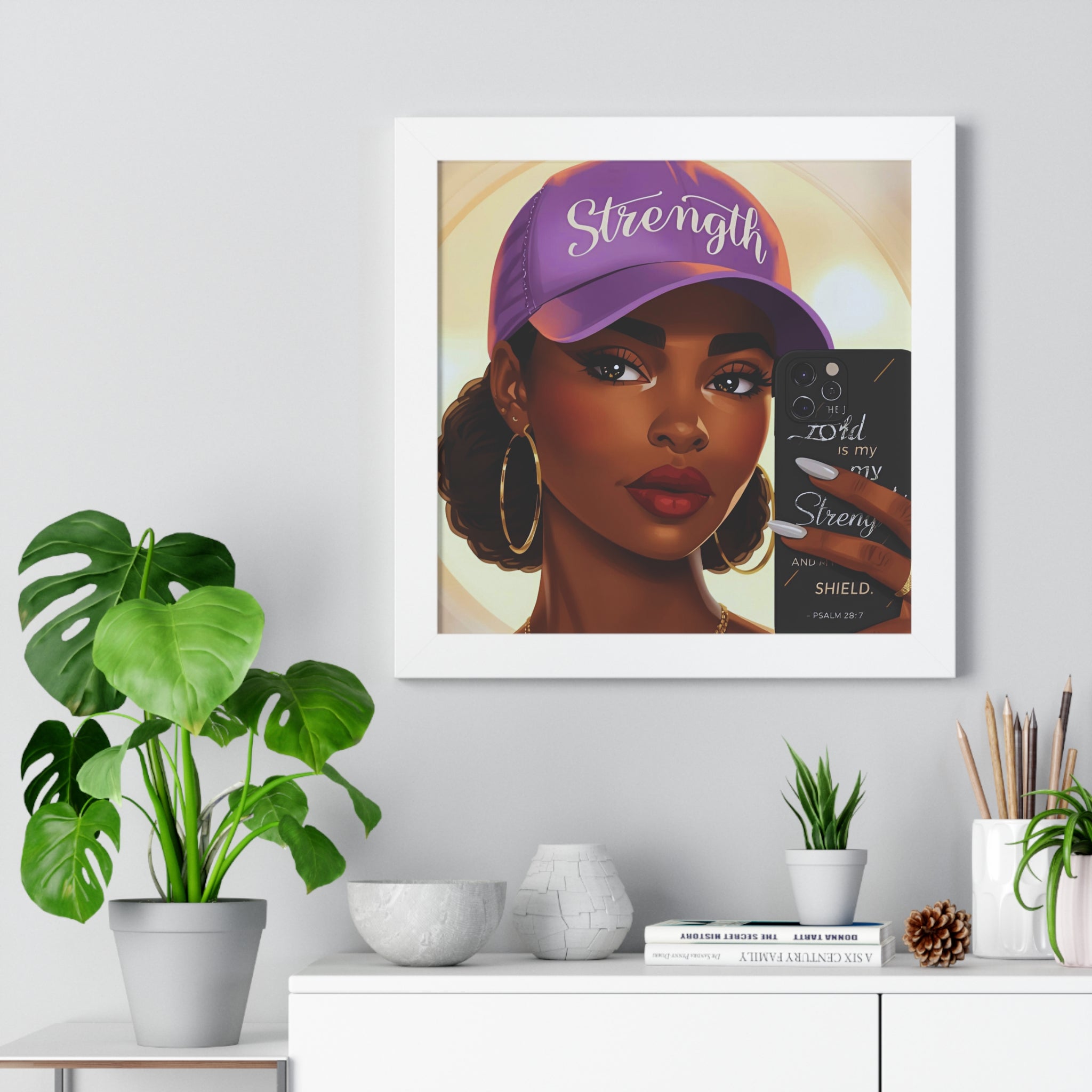 Strength Script Baseball Cap portrait Framed Vertical Poster