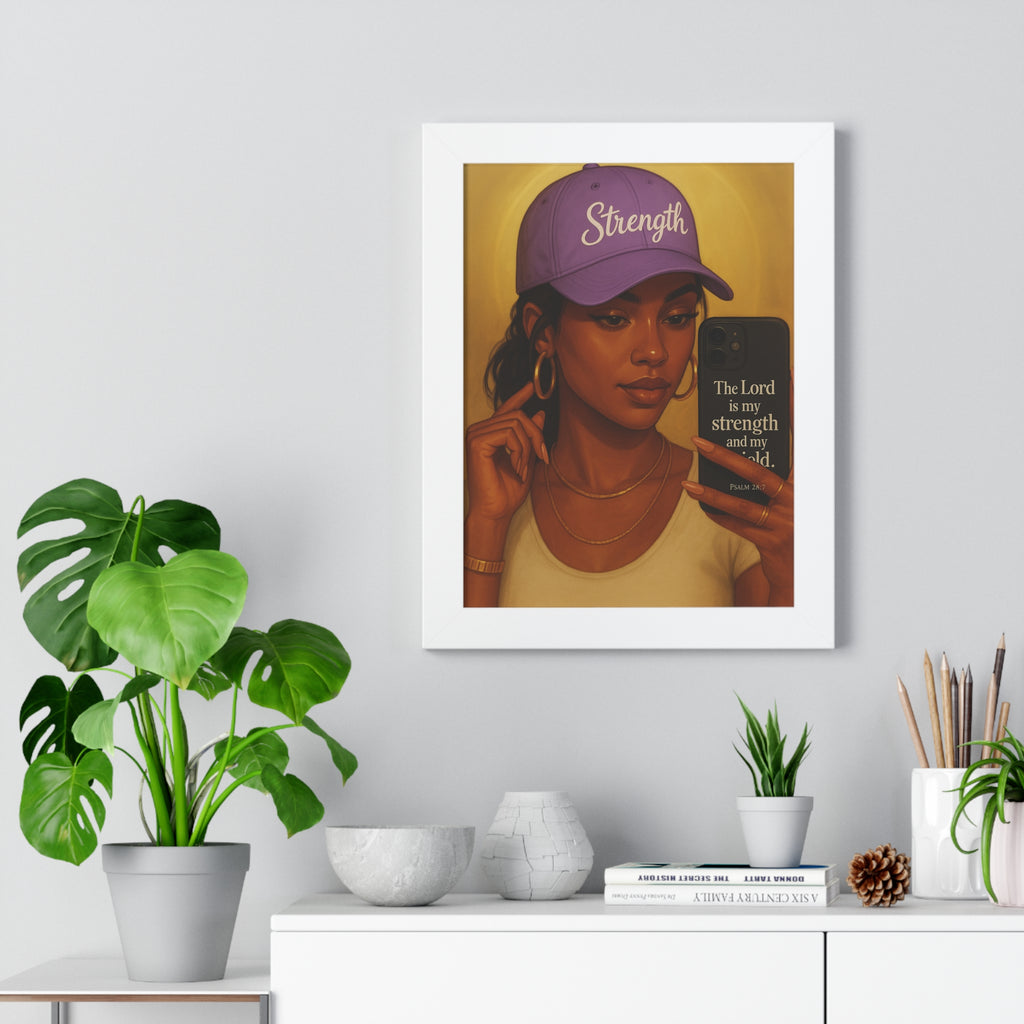 Strength Hat Portrait Framed Poster — Inspirational Scripture Wall Art (Psalm 28)