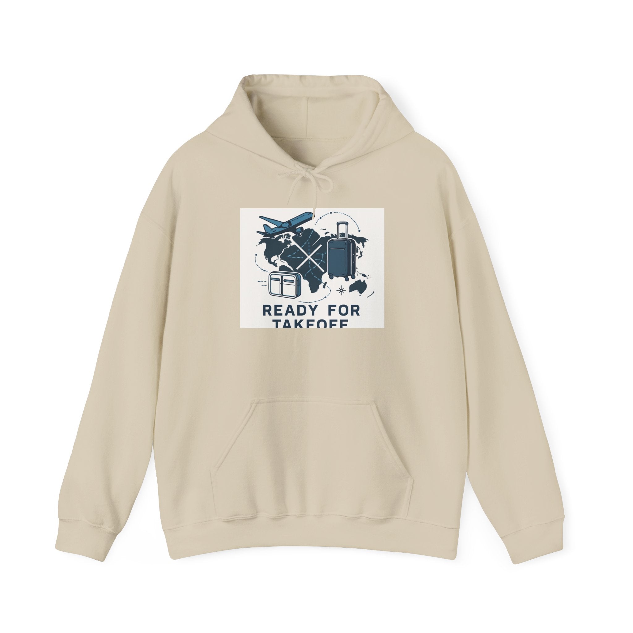 Travel Hoodie — "Ready for Takeoff" Pilot & Luggage Graphic Hooded Sweatshirt