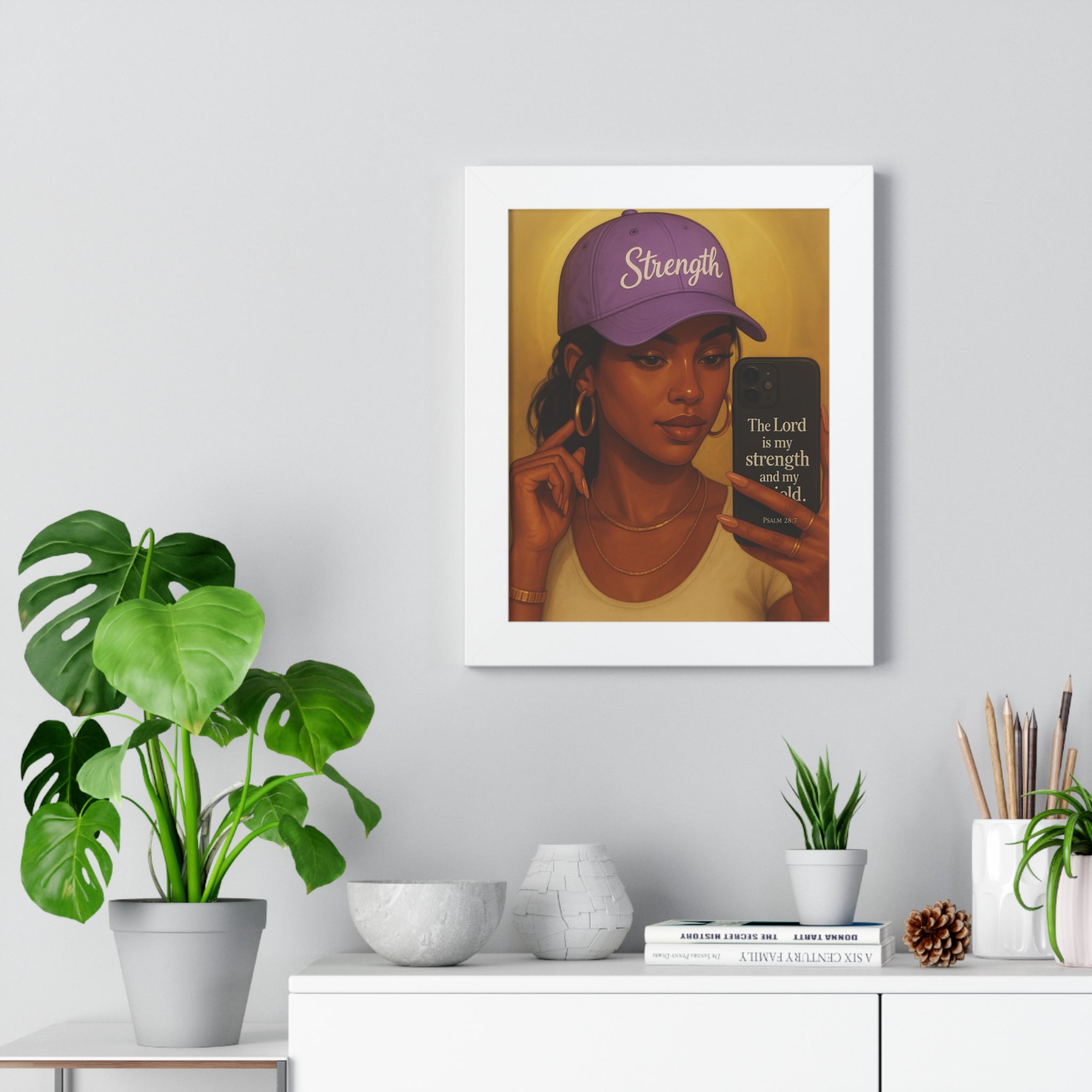 Strength Hat Portrait Framed Poster — Inspirational Scripture Wall Art (Psalm 28)