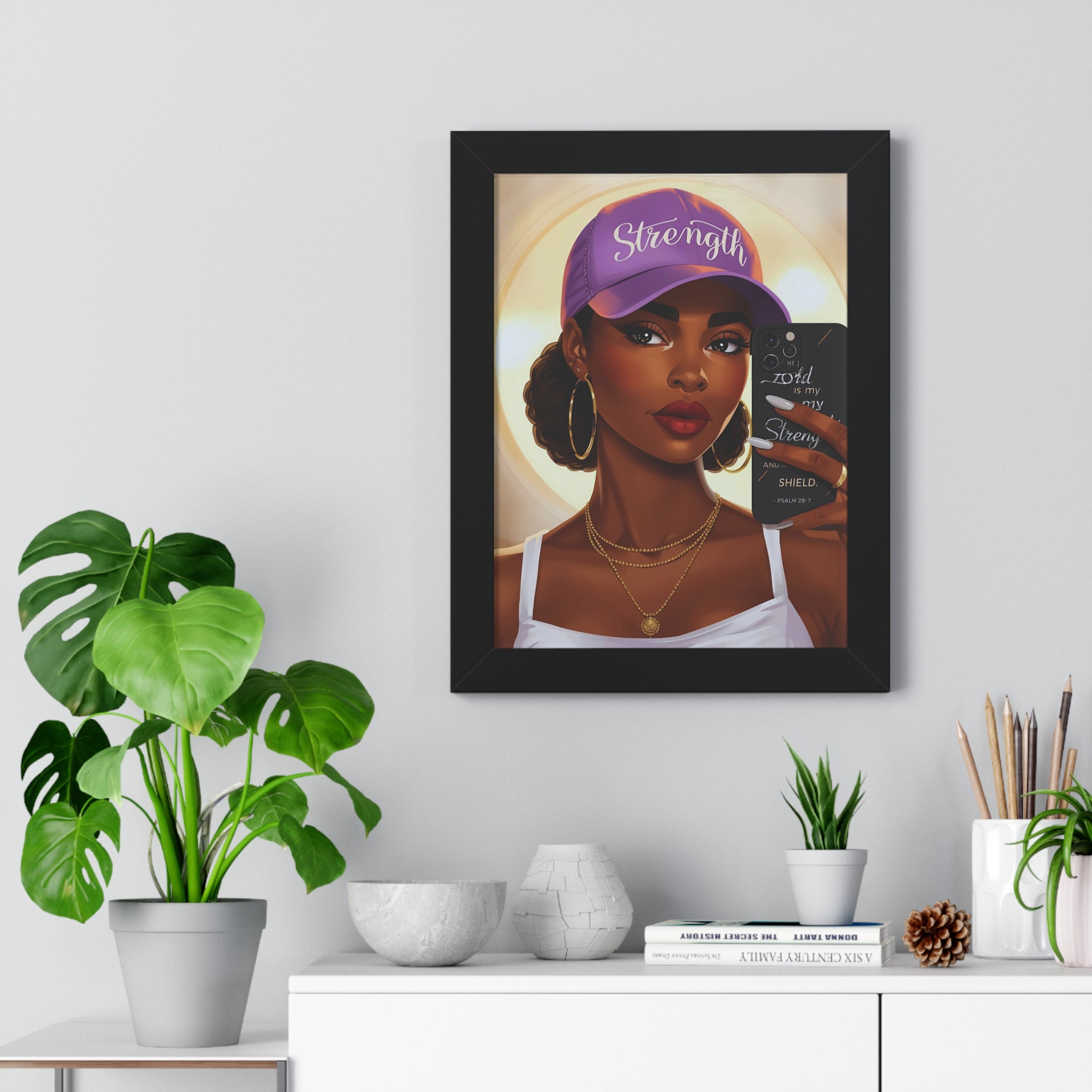 Strength Script Baseball Cap portrait Framed Vertical Poster